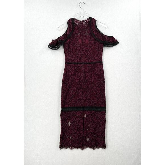 ALEXIS Evie Lace Midi Sheath Dress Womens Small Burgundy Crew Neck Cold Shoulder - Picture 6 of 16